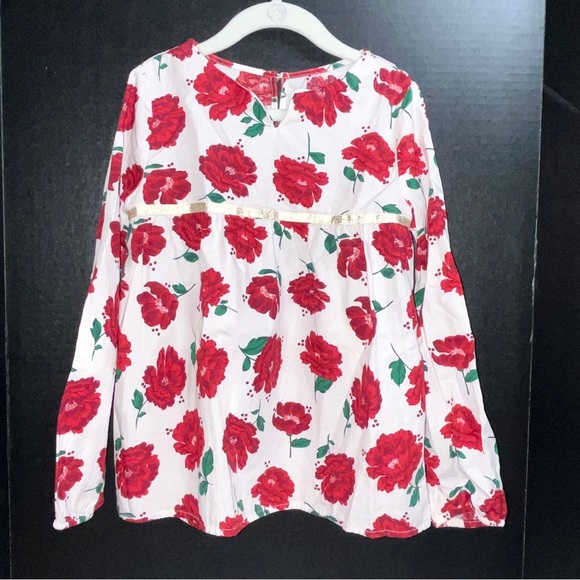 Crown & Ivy Kids top, 100% cotton,  white with bold red flowers, gold ribbon - Picture 1 of 13